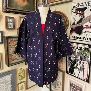 Vintage Dark Blue, Red, White Japanese Kimono Jacket With Abstract Pattern